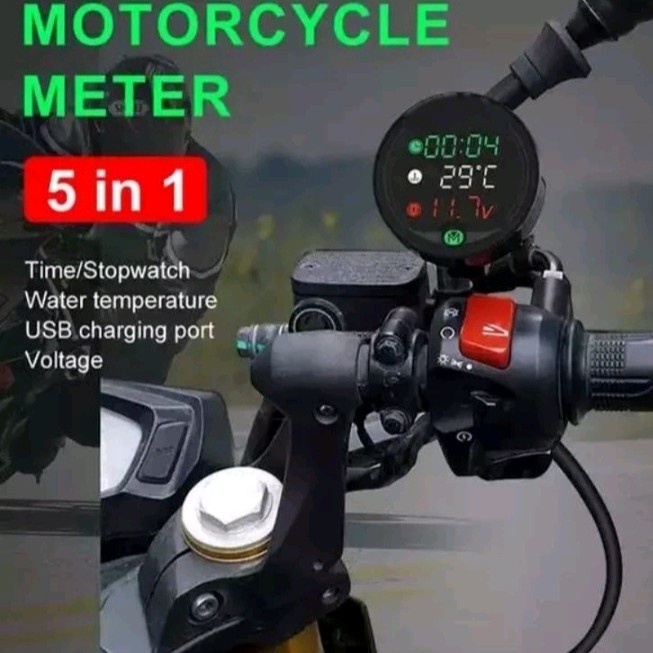 Voltmeter Digital Bulat Motor 5 in 1 Jam Suhu Charger Aki Motor