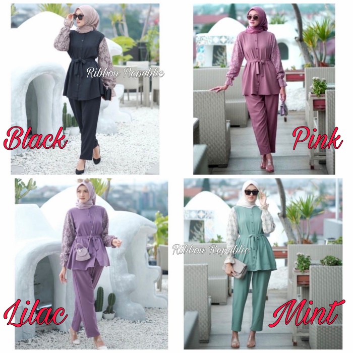 Setelan Muslim Brukat Renda Set Baju Atasan Celana Wanita Casual Pesta Ready