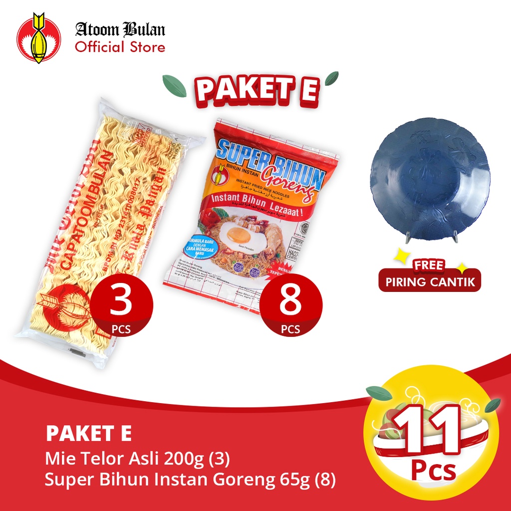 

Paket E - Mie Telor (3 pcs) + Super Bihun Goreng (8 pcs) - Free Piring