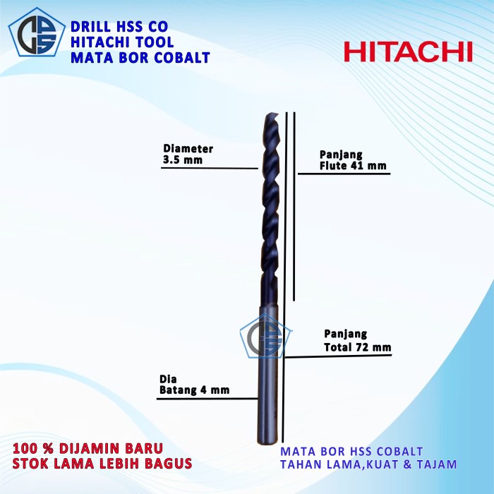 Mata Bor Diameter 3,5 Panjang 72 Hitachi HSS Co Mata Bor Drill