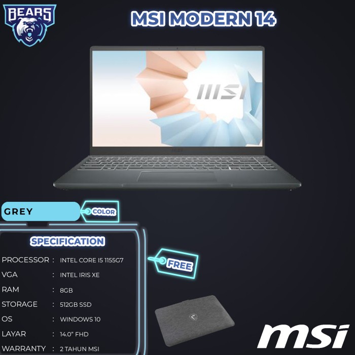 MSI Modern 14 i5 1135G7 8GB 512ssd IrisXe W10 14.0FHD IPS Blit