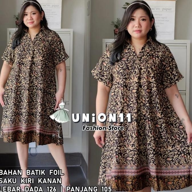 Jumbo Dress Pesta Wanita Batik Foil Kerah Kemeja Ld 126 Pengiriman Cepat