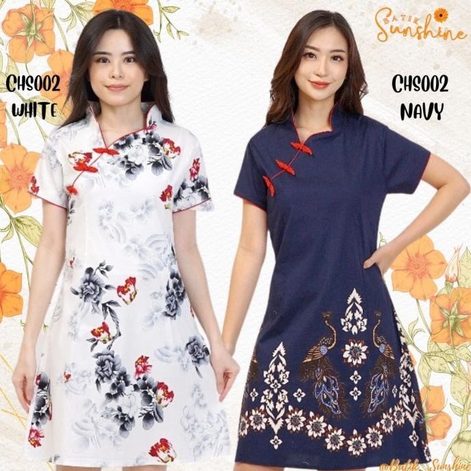 Terbaru Dress Cheongsam Imlek/Sangjit/Sincia Wanita Chs002 Navy White Original