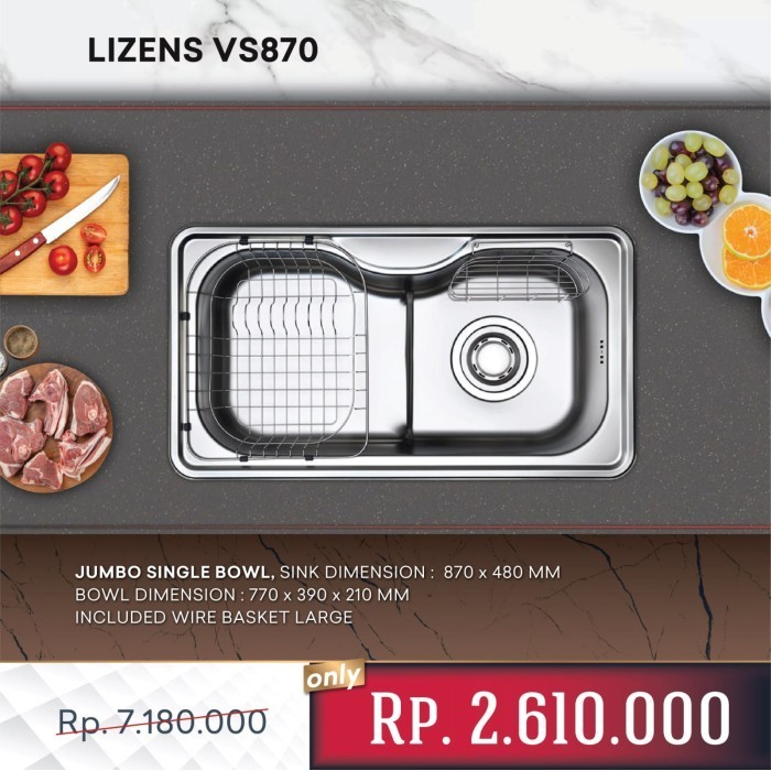 [New Ori] Lizens Korea Vs870 Jumbo Bowl - Kitchen Sink Stainless 87 Cm X 48 Cm Terbatas