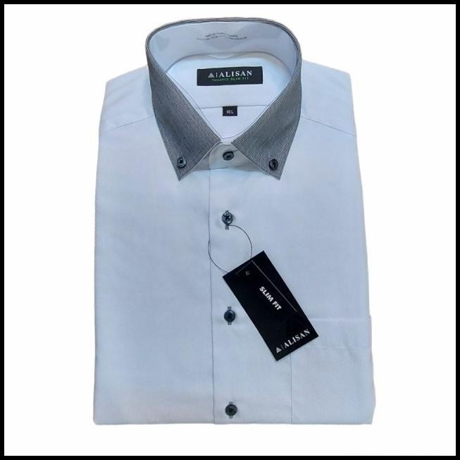 Kemeja Alisan Putih Dobby Kerah Abu Lengan Pendek Slimfit