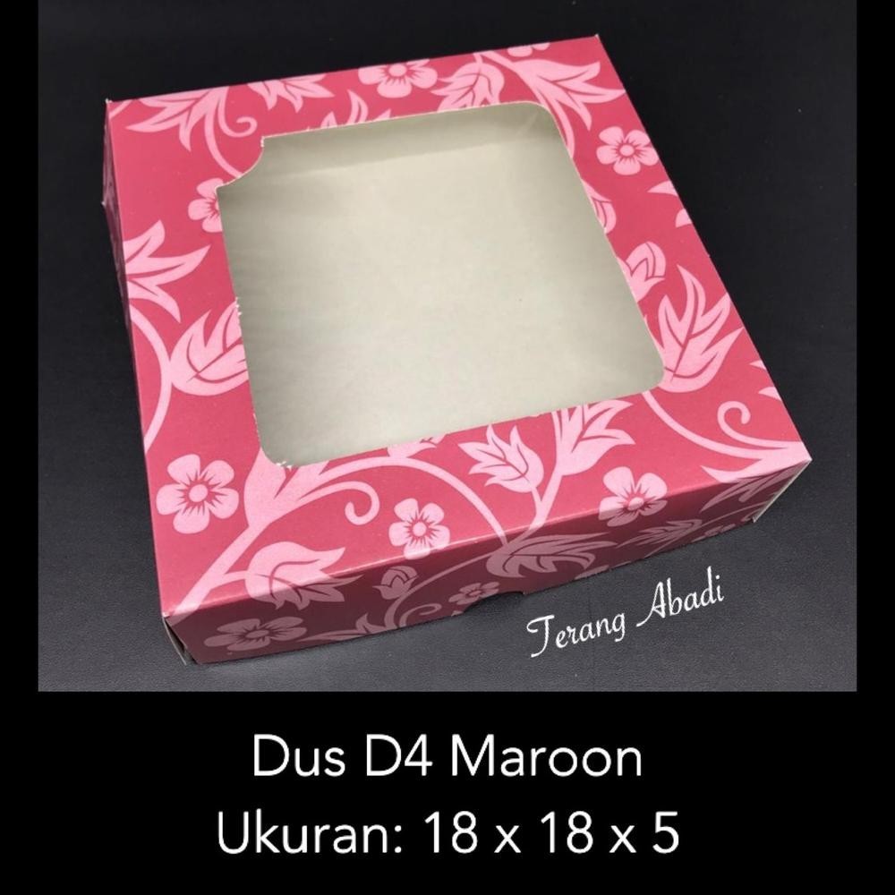 

Dus D4 Maroon 18 x 18 x 5 cm / Dus Kue / Dus Roti / Dus Snack / Dos Ultah / Dus Hajatan/ Dos donat/ kotak kue/ snack box/ dos jajan/ kerdus kaca