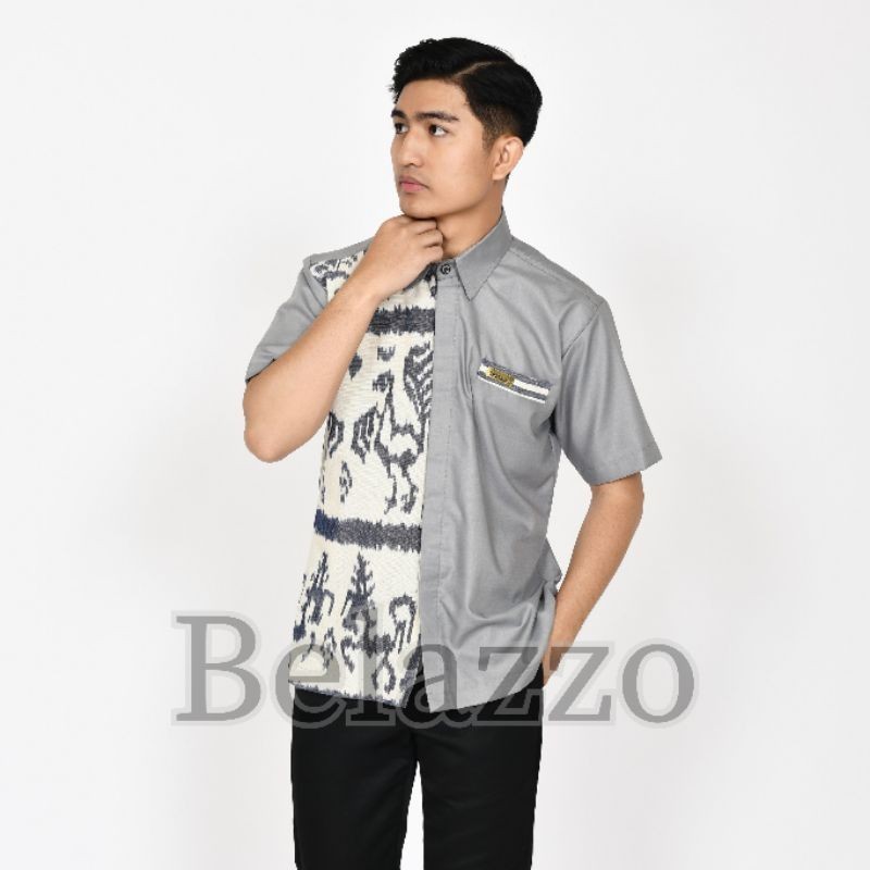 Baju Atasan Kemeja Hem Batik Tenun Pria Modern Motif Sumbawa Putih Lengan Pendek K06