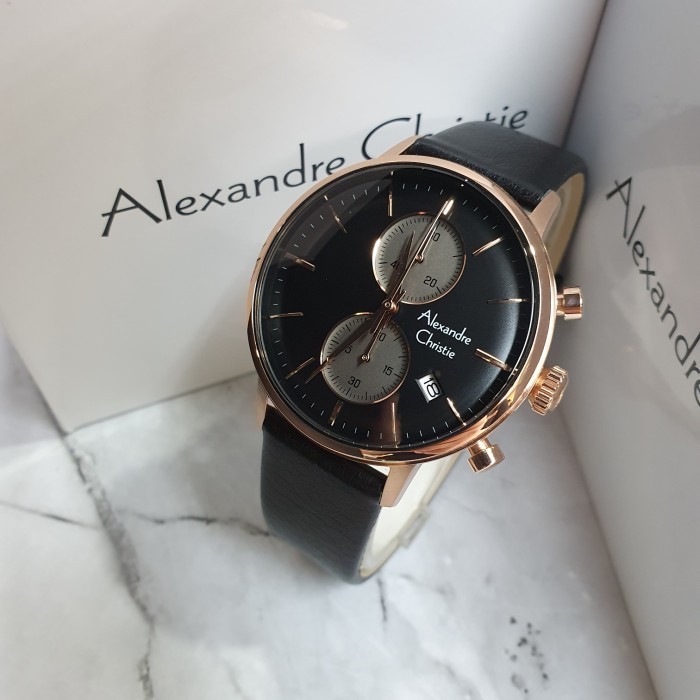 ✅Original Jam Tangan Pria Alexandre Christie Ac6572Mc - Rose Gold Tali Hitam Diskon