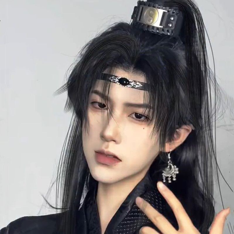 Wig Rambut Panjang Pria, Wig Kepala Penuh, Pakaian China Han, Ekor Kuda Tinggi