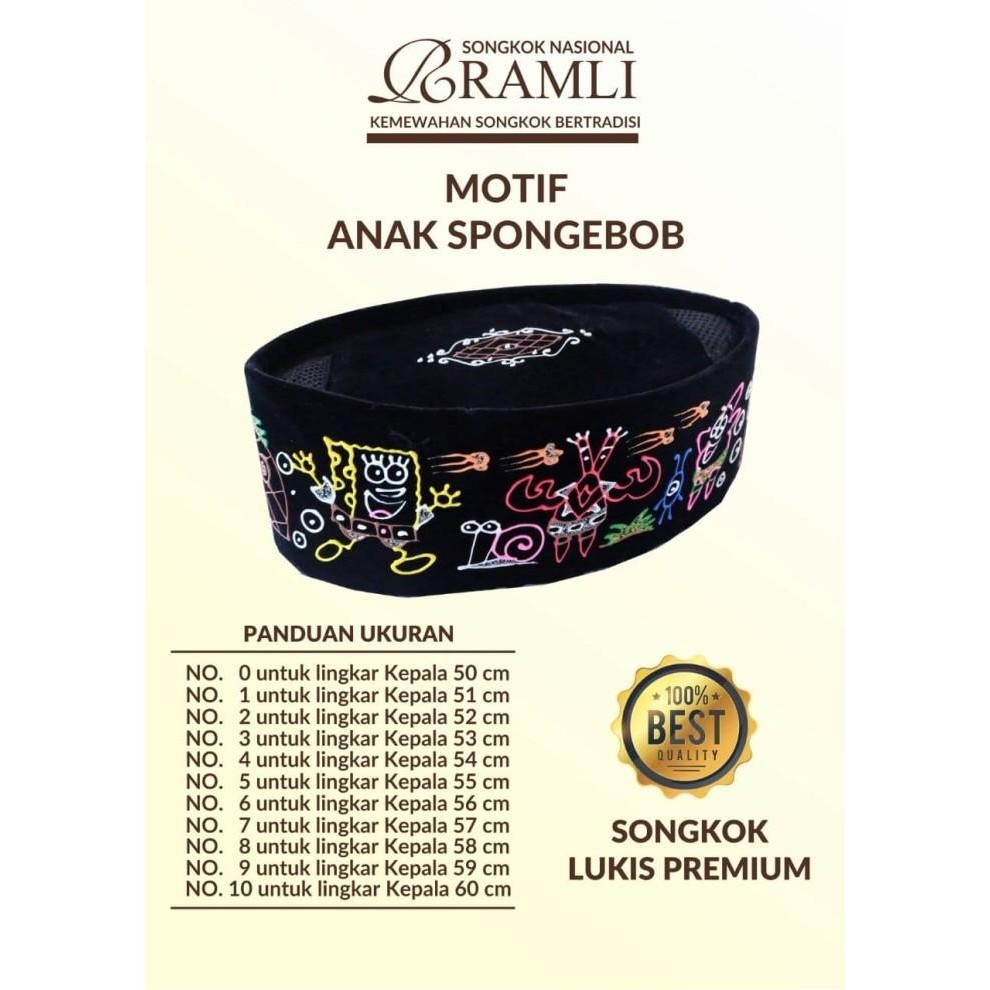 Peci Songkok Anak Hitam Lukis Motif Spongsbob