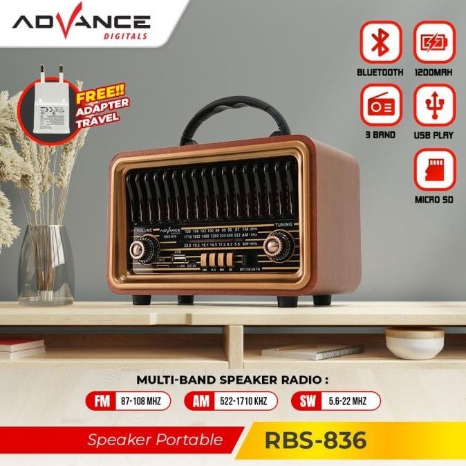 Speaker Advance RBS-836 Model Radio Tua Bluetooth Clasic Dengan Led