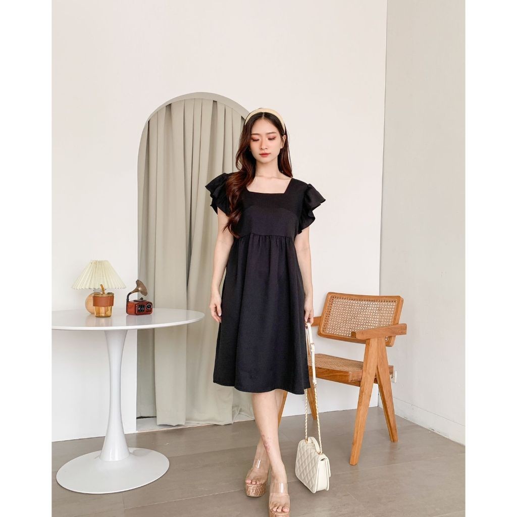A6T COTTONBELLS CASUAL DRESS WANITA SPECIAL CNY IMLEK JULIA RUFFLE PLAID SQUARE MIDI (CV - D 3979)