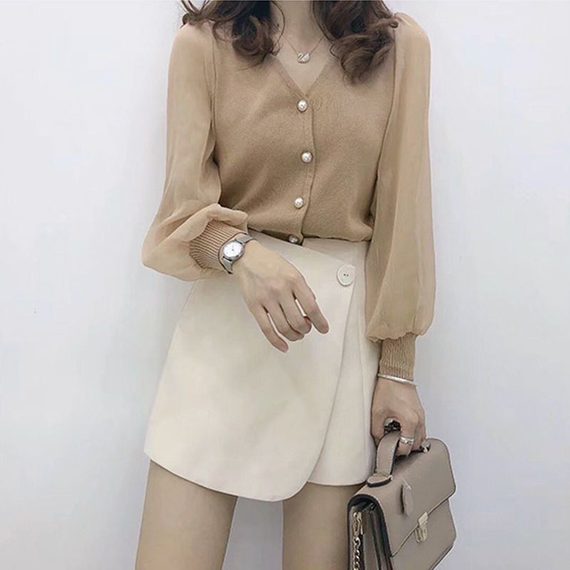 Sweater Pendek Atasan Wanita, Baju Dalaman Rajut Sifon Renda Lengan Panjang