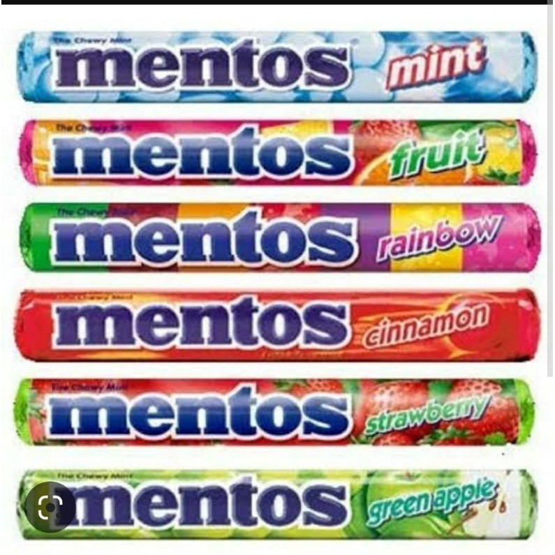 

Permen Mentos Roll 1 Box isi 14 Roll @29gr Rasa Mint, Rainbow, Anggur