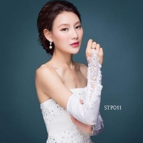 SARUNG TANGAN PESTA WEDDING GLOVES WANITA BROKAT PANJANG PUTIH STP011
