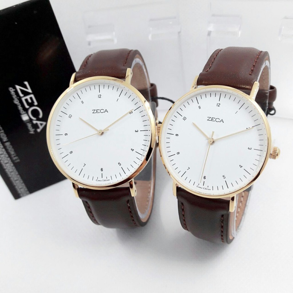 Zeca Jam Tangan Kasual Couple Murah 3007 Brown Gold White - Tali Kulit - Quartz - Original