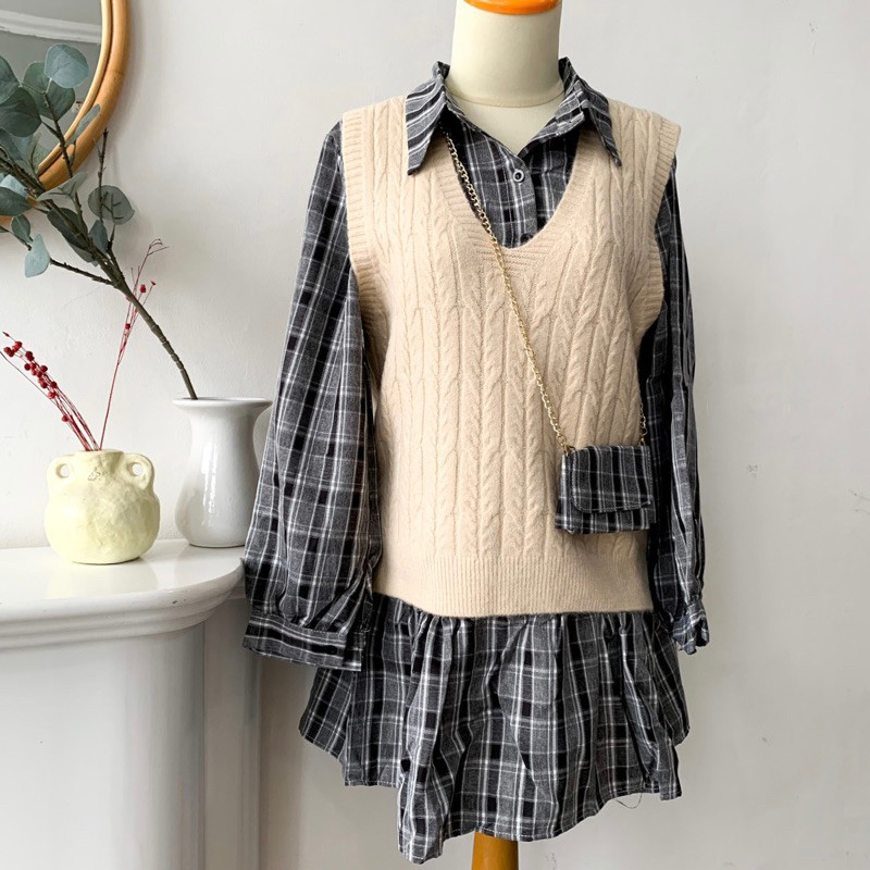 ZARA Loose Dress + Knit Vest Set Dress Kemeja Garis Rompi Tas Korea Import