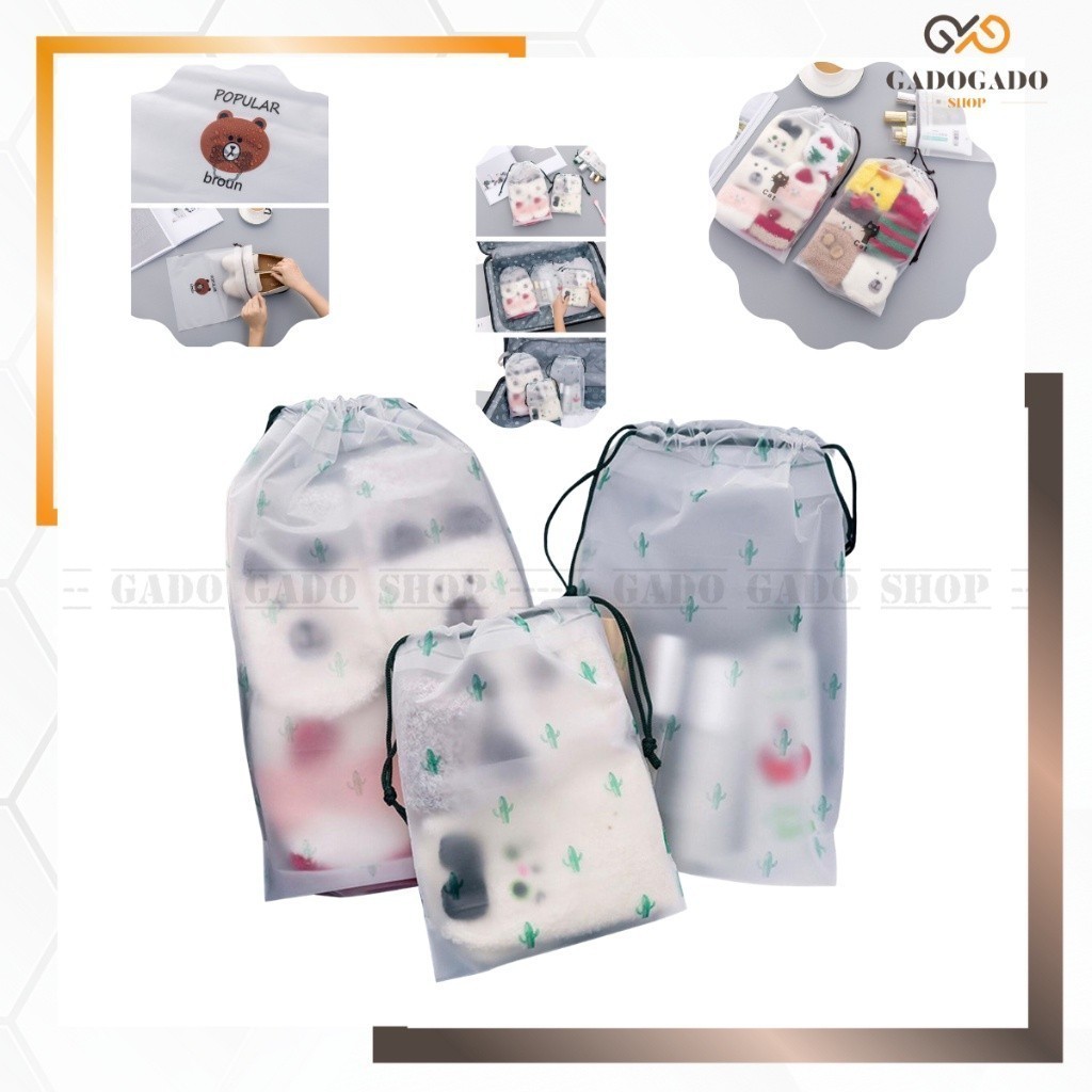 GGS HL0072 Pouch Kecil Transparan Motif Karakter Tas Serut Travel Storage Bag Make Up Organizer Anti