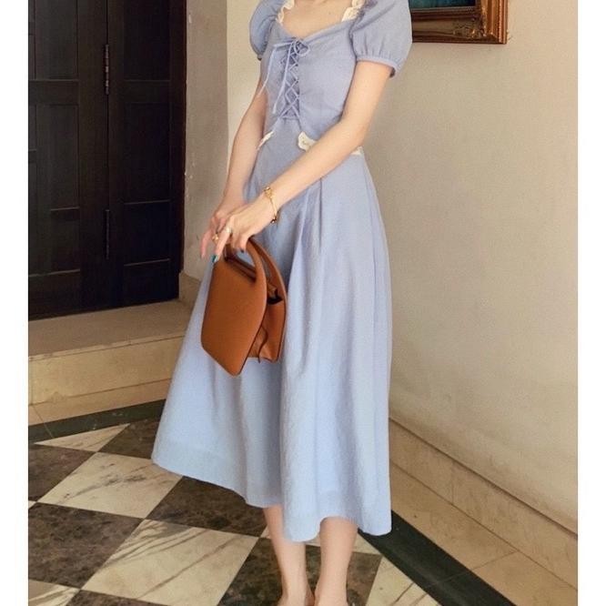 Poplin Dress Korean Simple Casual Outdoor Gaun Manis C Picnic Vacation Holiday Maroon Blue Puff Plai