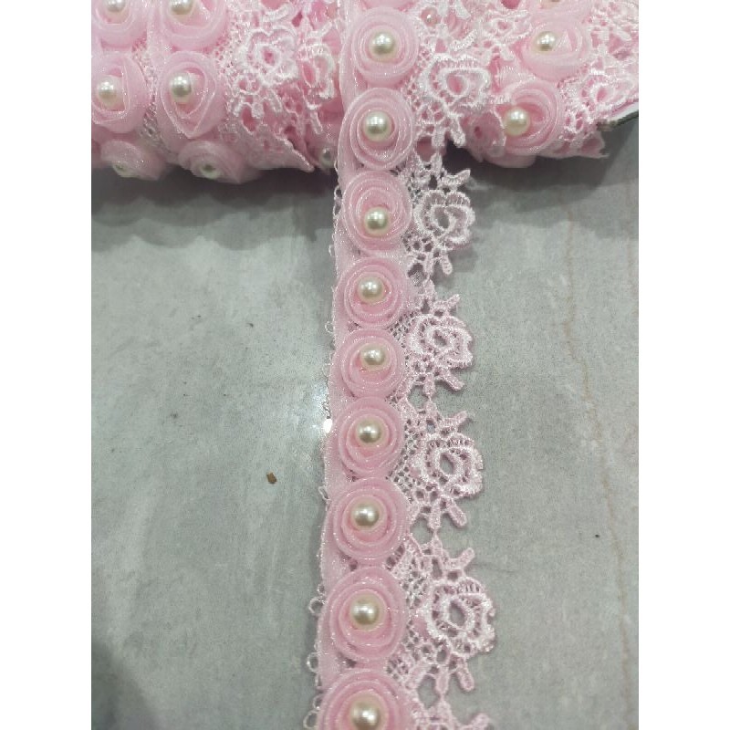 renda Ziper bunga tumpuk mutiara / renda unik mutiara