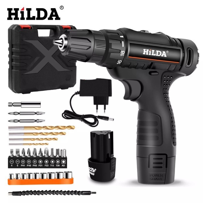 HILDA mesin bor baterai tangan cordless drill 12V bor listrik set