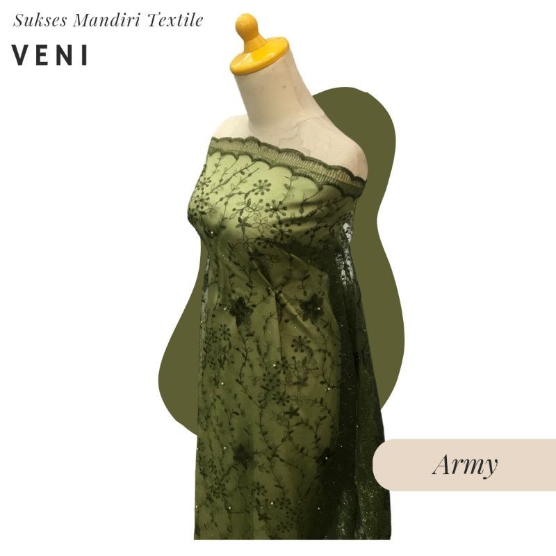 [VENI] Brukat Tile Glitter Mutiara Premium Mewah Tile Warna Army, Hijau Army | Harga ½ meter = 50 cm