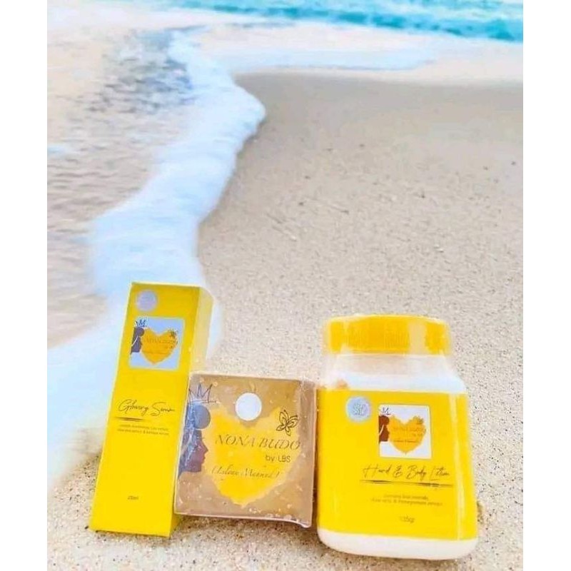 PAKET WAJAH DAN BADAN 1 GLOWING SERUM, 1 SUNSCREEN DAN 1 HB NONA BUDO