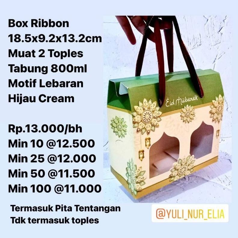 

Heboh Box Ribbon 18.5x9.2x13.2cm Muat 2 Toples Tabung 800ml Motif Lebaran Hijau Cream