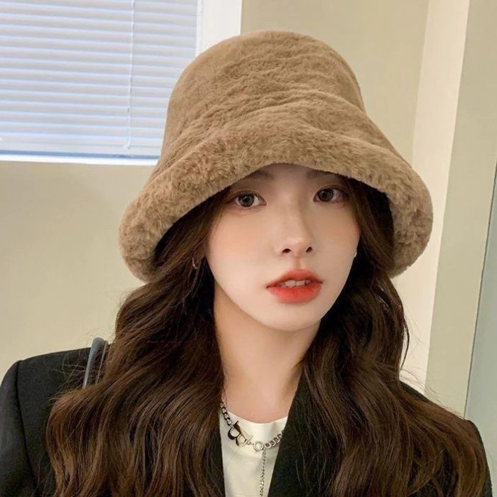 Topi Bucket Wool Bulu Winter Korea Fashion Import