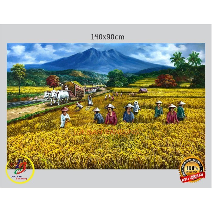 LUKISAN PEMANDANGAN PANEN PADI SAPI SAWAH GUNUNG