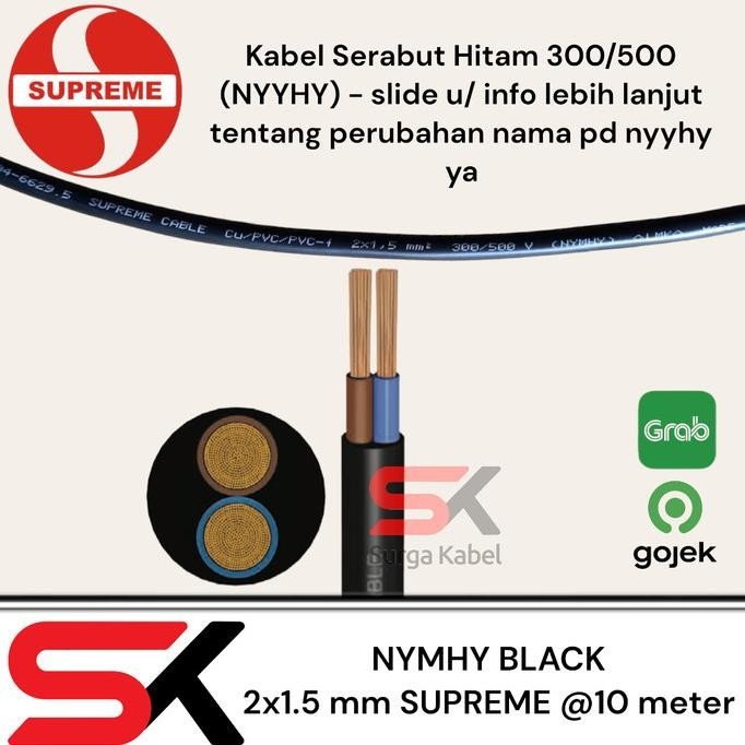 

Nyyhy 2X1.5 Mm/ Nymhy Black 2 X 1.5 Mm/ Kabel Serabut Supreme @10 Mete Kualitas Premium