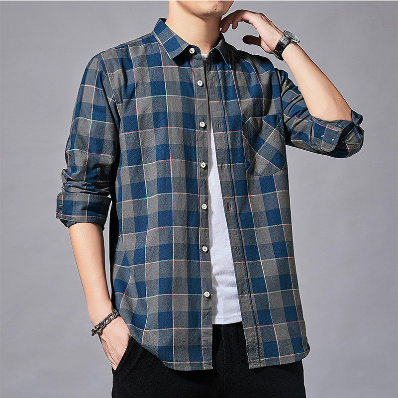 Men's Korean-Style Loose Cotton Shirt Men's Plaid