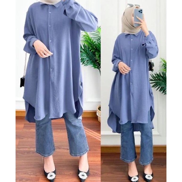 MILIKI SIERA - ATASAN KEMEJA LONG TUNIK BUSUI POLOS  PREMIUM WANITA MUSLIM CRINKLE RENDA PLISKET REM