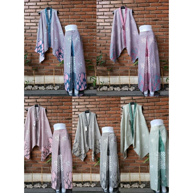 [ONLINE EXCLUSIVE] ONE SET CARDIGAN VEST OUTER CELANA LAYER BATIK MOTIF SALUR KECIL CELANA PANJANG
