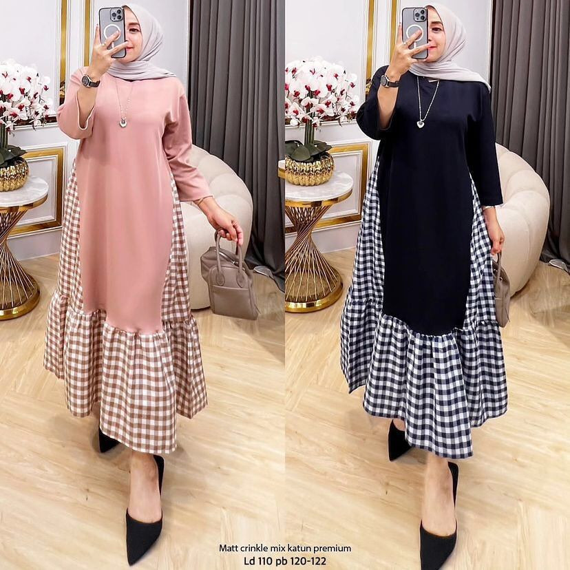 [LOOK STYLISH] KALEAOUTFIT - AUDY MIDI DRESS MOTIF POLOS MIX KOTAK ORIGINAL - GAMIS SQUARE JUMBO