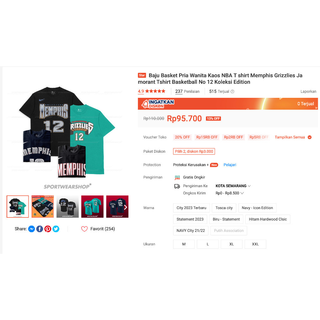 [BEST SELLER] NEW PRODUCT Baju Basket Pria Wanita NBA T shirt basket Kaos Memphis Grizzlies Ja