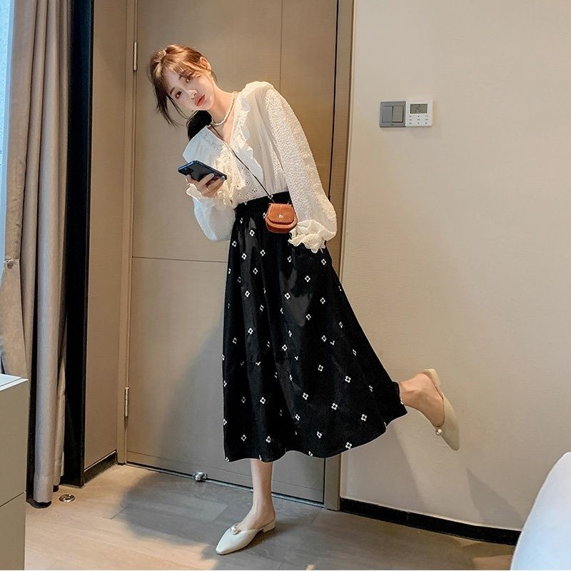 Rok Wanita Setengah Panjang, Rok Panjang Pinggang Tinggi, Rok A Shivering Hitam