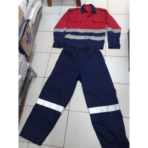 SETELAN SERAGAM BAJU KERJA+CELANA SAFETY KOMBINASI MERAH-BIRU