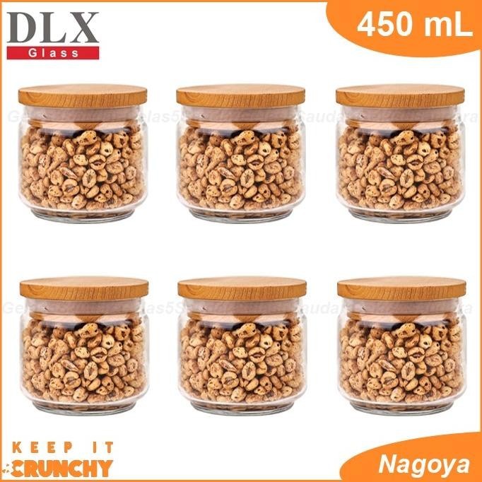 1 Set 6 Pcs Toples Dlx Nagoya 450Ml/Toples Kue/Toples Kaca Tutup Kayu Gisellemarsya