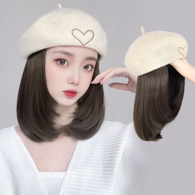 Beret Cinta Wig Baru Satu Wanita Bordir Musim Gugur dan Musim Dingin Internet Selebriti Mode Pendek 