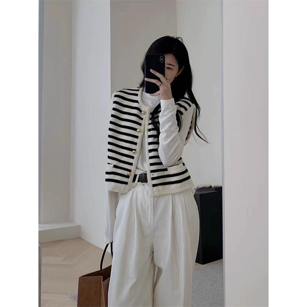 Sweater Rajut Rompi Bergaris Wanita, Atasan Rompi Tanpa Lengan