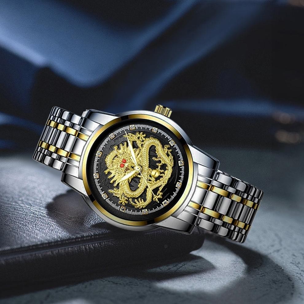 {JAM} Sunlifex Jam Tangan Pria 9002 Naga Emas Stainless Steel Quartz Original Dragon Gold Kuning Jam