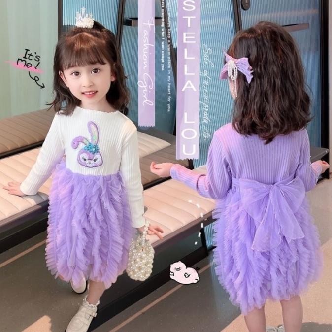 Terlaris 3-10Tahun Dress Lilac Keriting Baju Panjang Anak Perempuan Import Terbaik