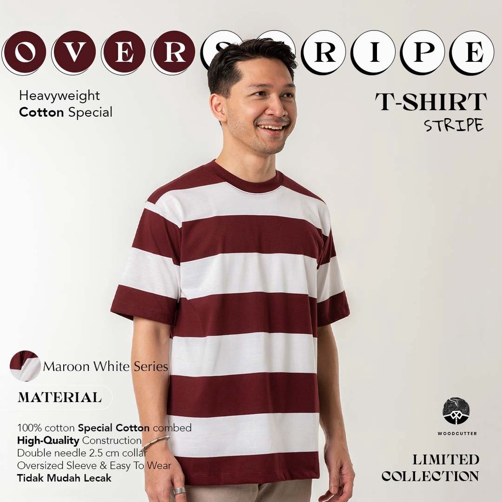 [BEST DEAL] Kaos Polos Pria Garis WOODCUTTER Red Maroon White - Merah Putih Oversize SS T-shirt