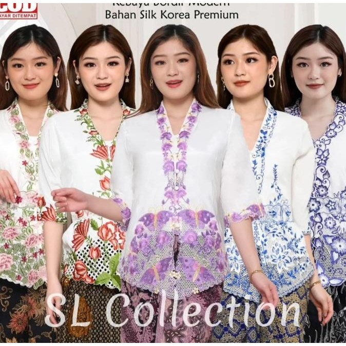 Best Sales Atasan Kebaya Wanita Putih Bordir Biru Navy Lengan Pendek Elegan Mewah Terbaik