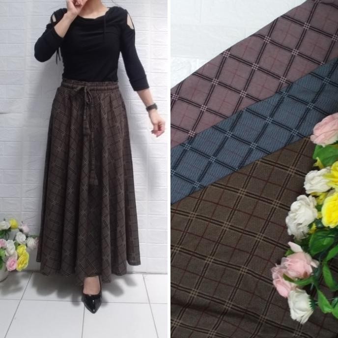 Rok Flanel Panjang Muslim Rok Lebar Kotak Kotak Rok Payung