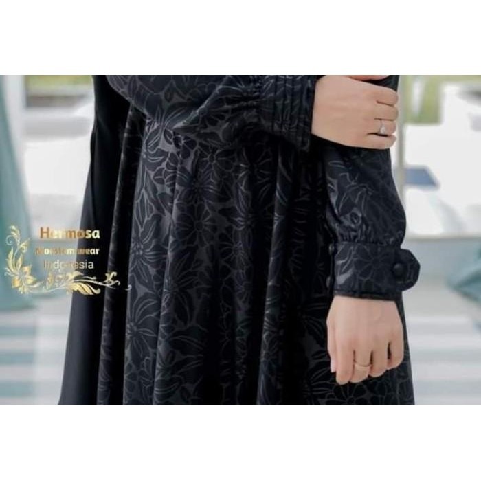 Setelan Gamis Embos Wolfis Motif Bunga Lily Warna Hitam/Hitam/Original