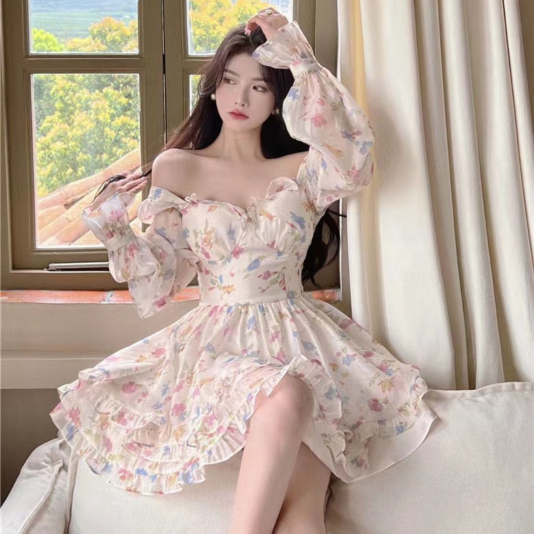 Pure Desire Style Sweet Floral Dress Rose French Design Heavy Work Dress Waist-Tight Slimming