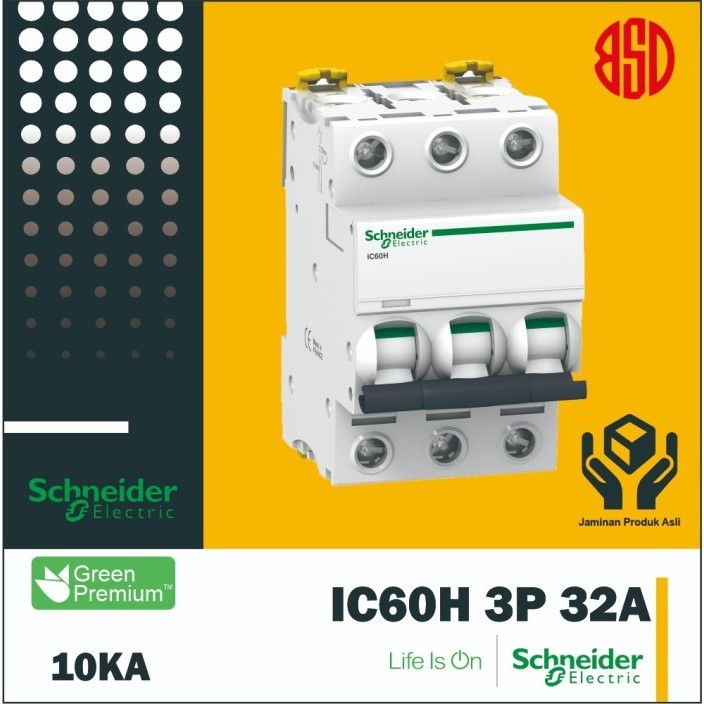 MCB 3P 32A 3 PHASE 32 AMPERE 10KA SCHNEIDER iC60H A9F84332 ORIGINAL