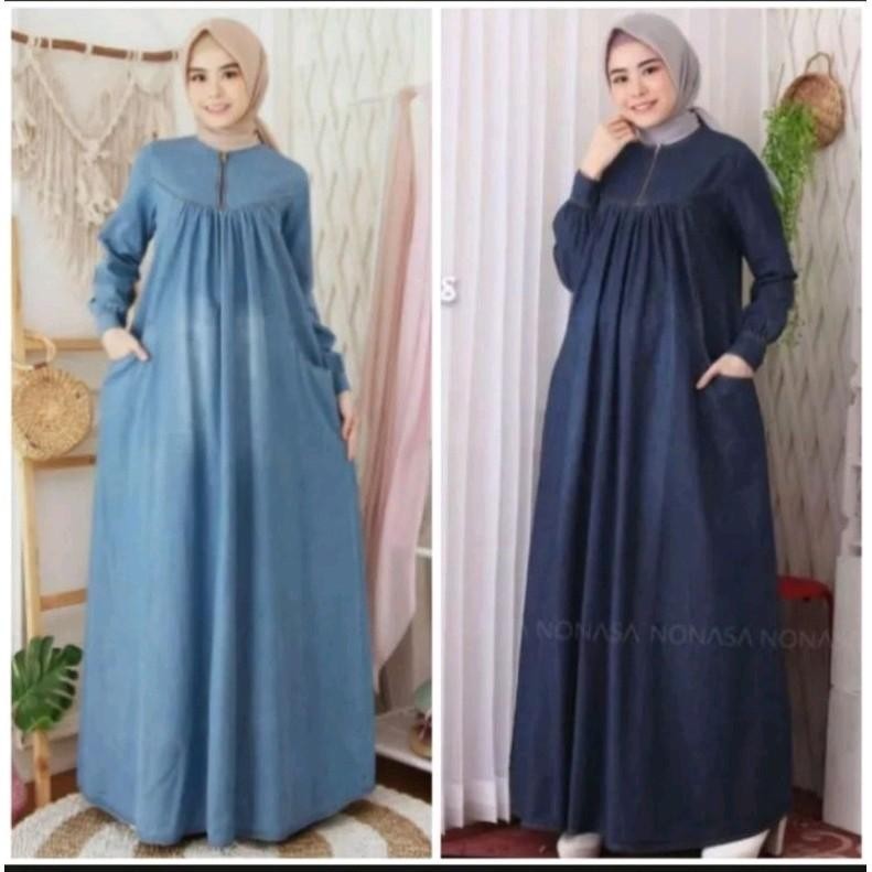 bisa cod/gamis jeans terbaru/gamis jeans wanita/gamis jumbo